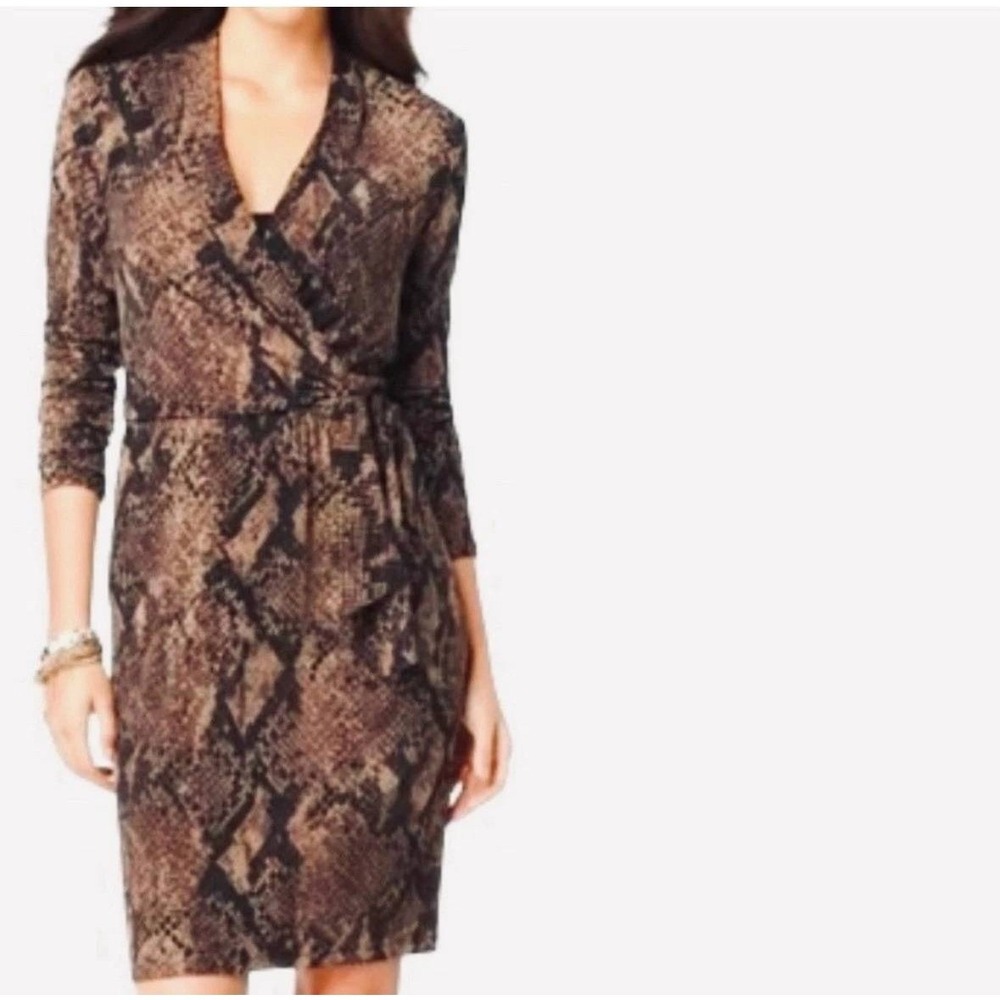 Tahari Woman Long Sleeve Snakeskin Faux Wrap Dress Tie Waist Brown/Black Size 1X